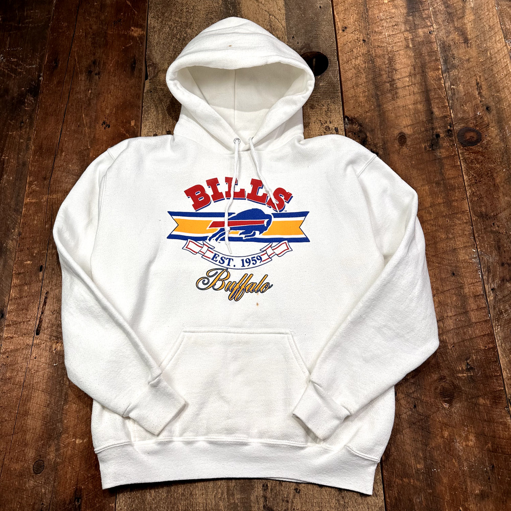 Vintage Buffalo Bills Hoodie Sweatshirt NFL White Adult Size Medium Trench 90s